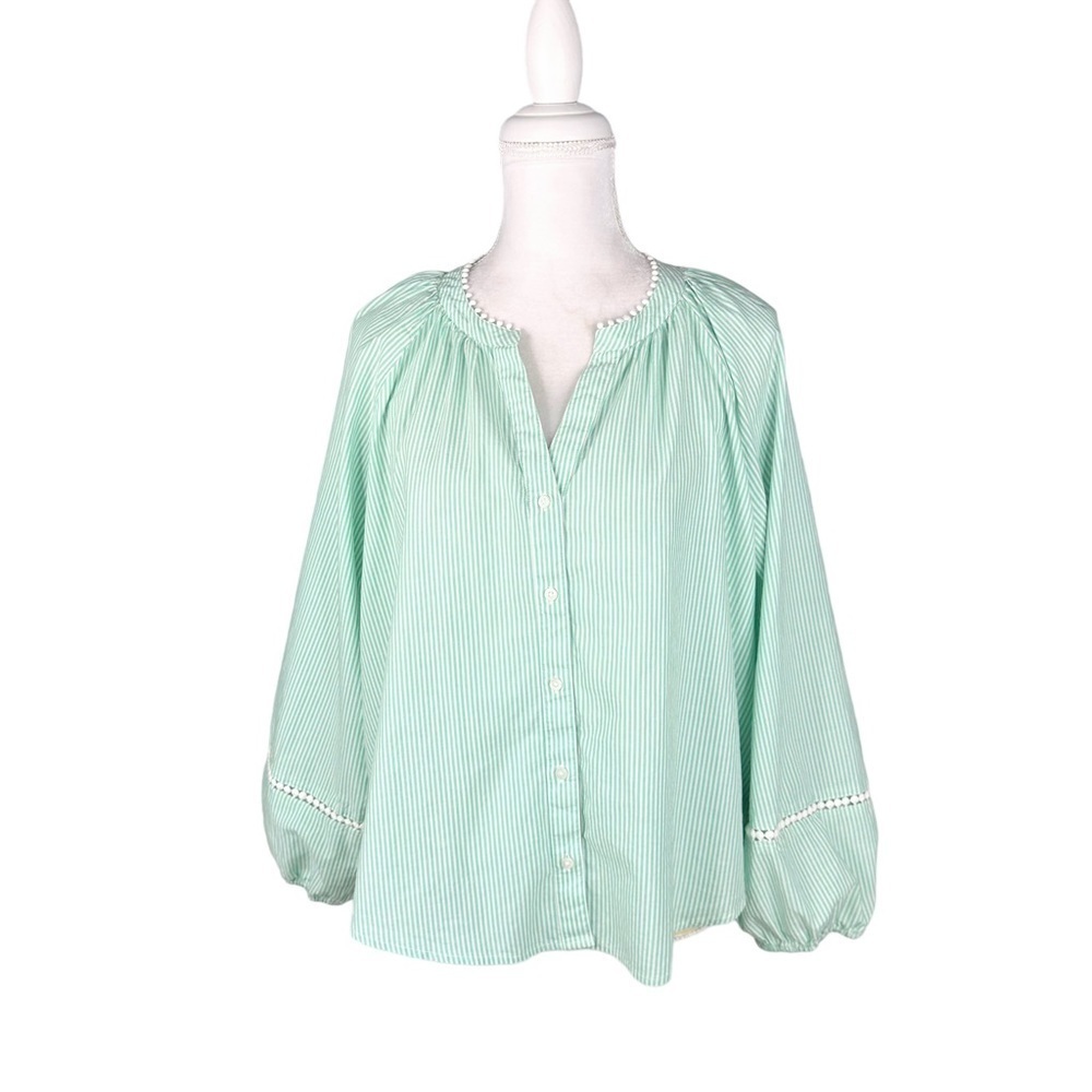 J. Crew light green stripe peasant top blouse full sleeves embroidery XXL plus